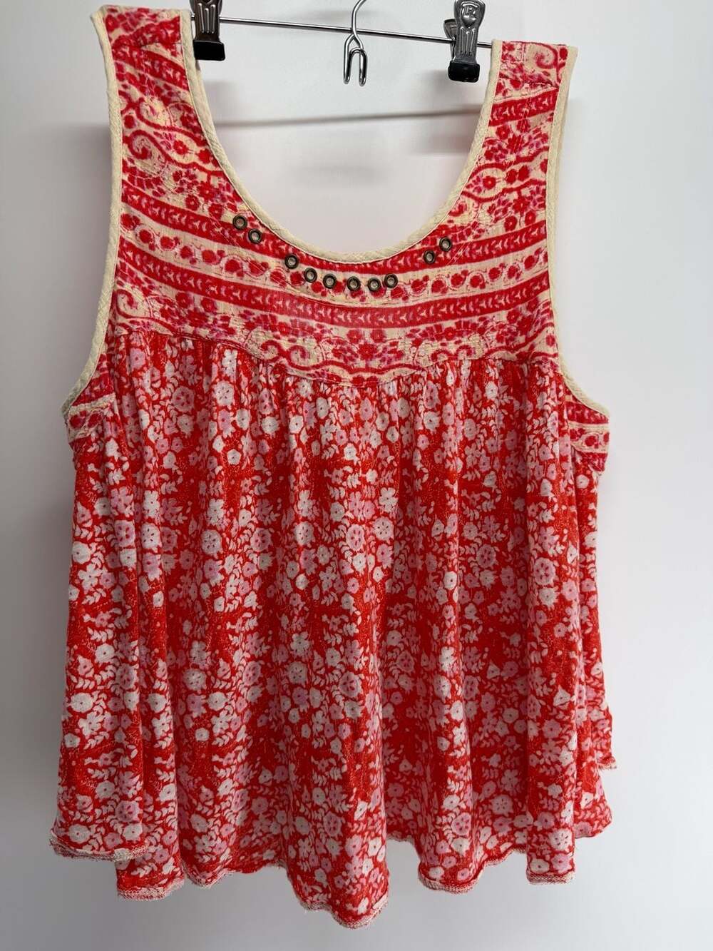 Free People Lucky Coin Tank Top Size L Red Floral Linen Blend